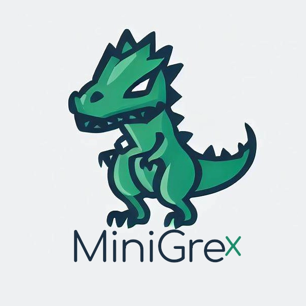 MiniGreX logo, a stylized cartoon T-Rex dinosaur